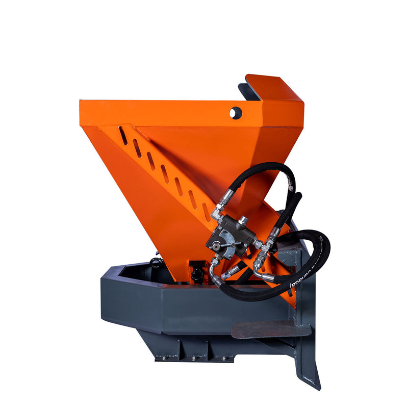 TMG Industrial Skid Steer Tilt-N-Scoop Material Spreader, 10 Cu-Ft Capacity, 30’ Wide Spread Range, 6.5-12 GPM Flow Rate, Sidewalk Skirt, Universal Mount, TMG-MSS10