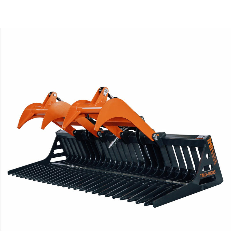 TMG Industrial 84” Skid Steer Skeleton Grapple Attachment, Universal Mount, 34” Arm Opening, 3” Tine Spacing, 2600 lb Weight Capacity, TMG-SG85