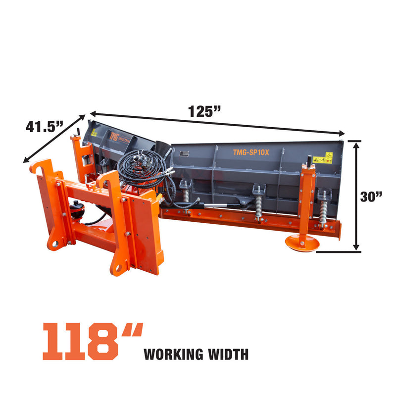 TMG Industrial 10’ U/V Angle Blade Snowplow, Metal Edges, 6 Positions, Accumulator & Solenoid Valve, Quick-Change Lugging, 40-90 HP Tractors, TMG-SP10X