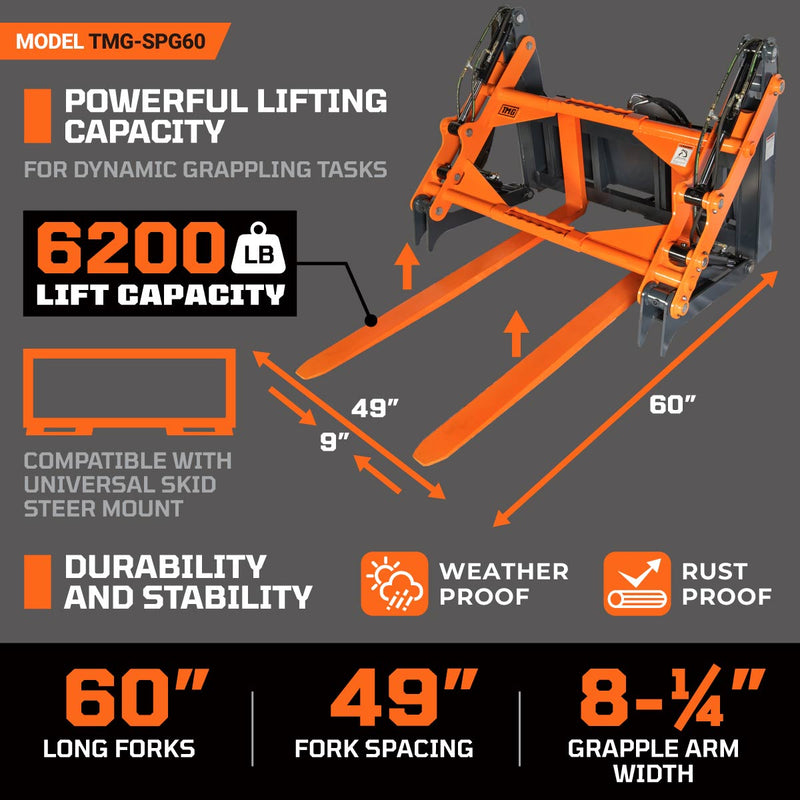 TMG Industrial 60” Four-Cylinder Pallet Fork Pipe Grapple, 6200-lb Lift Capacity, ITA Class III Forged Tines, Skid Steer Mount, TMG-SPG60