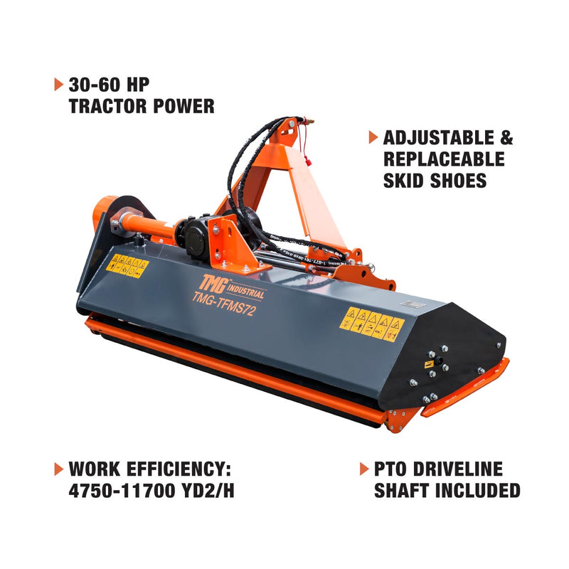 TMG Industrial 72” Side Shift Offset Flail Mower, 3-Point Hitch, 30-60 HP Tractor, PTO Drive Shaft, TMG-TFMS72