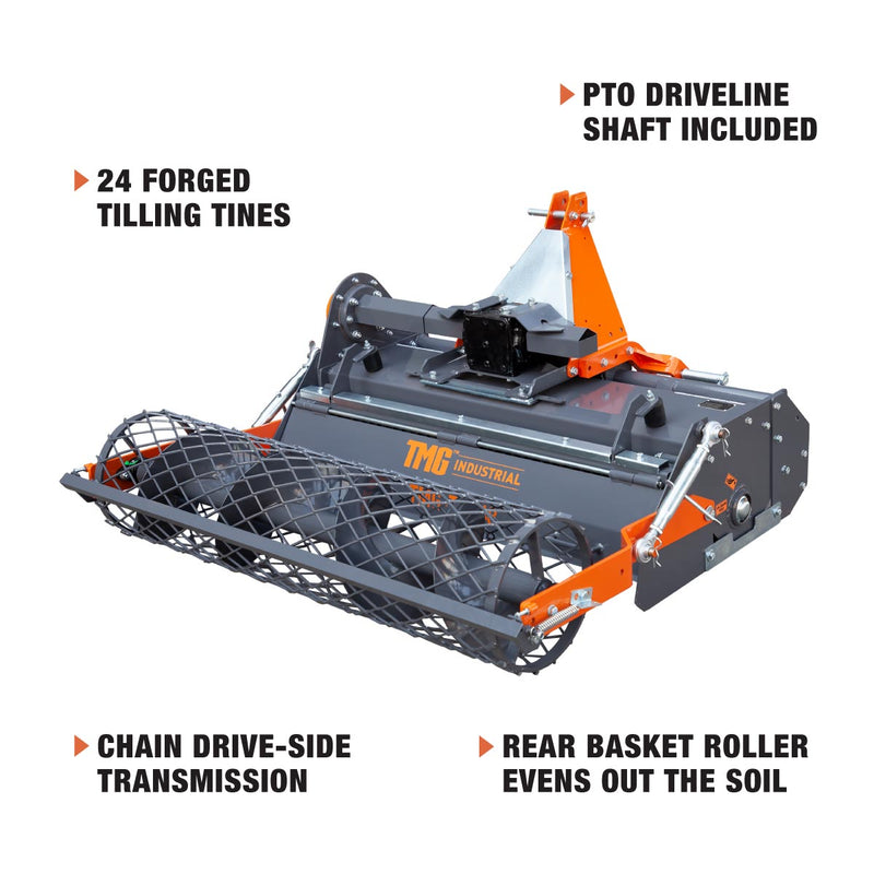 TMG Industrial 48" Stone Burier Rotary Tiller, 3-Point Hitch, Category 1 Hookup, 25-50 HP Tractors, PTO Shaft Included, 2-1/2" Stone Capacity, TMG-TSB48