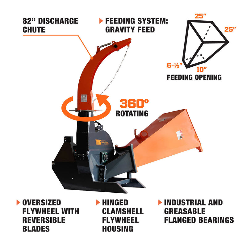 TMG Industrial Compact 3-Point Wood Chipper, 6" Chipping Capacity, Category 1 Hookup, 30-75 HP Tractor, PTO Shaft Included, TMG-WC62