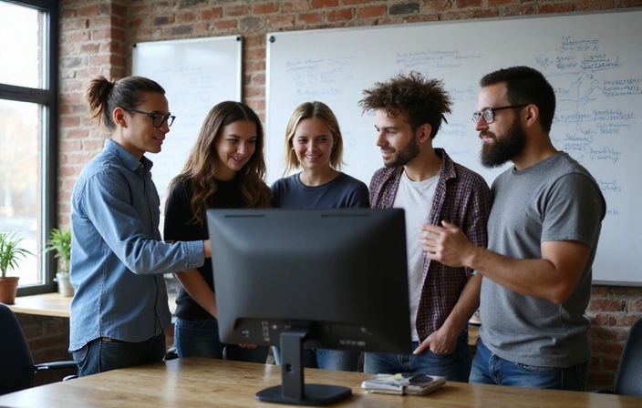 A group of diverse developers collaborating in a modern office space, brainstorming ideas.