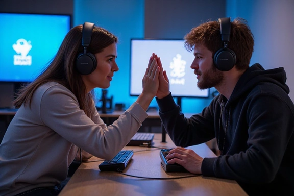 Two gamers high-fiving over a gaming setup, symbolizing connection and teamwork.