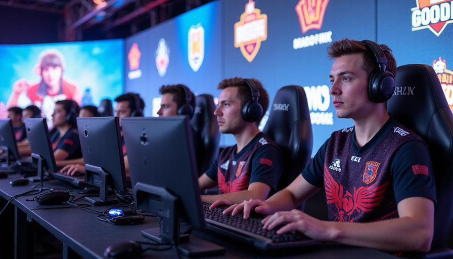 A professional e-sports team in uniform, sitting at a gaming setup on a brightly lit stage during a live tournament. They are focused and communicating, with team logos and sponsor banners visible in the background.