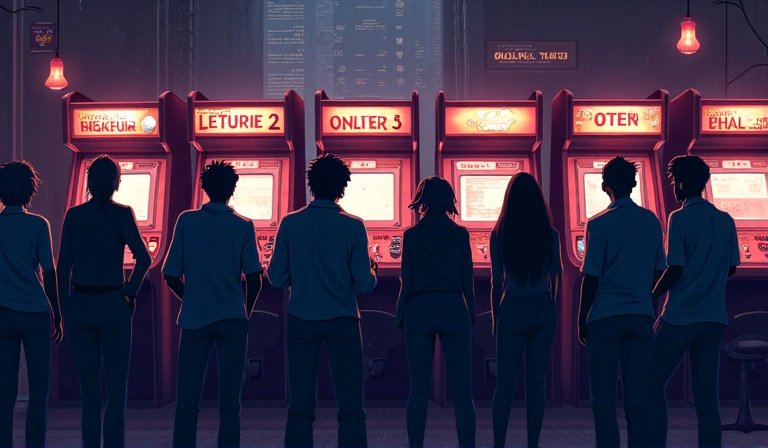 A retro image of early competitive gamers gathered around arcade machines, intensely focused. The setting is a dimly lit arcade from the 1980s or 90s, with classic game cabinets visible in the background.