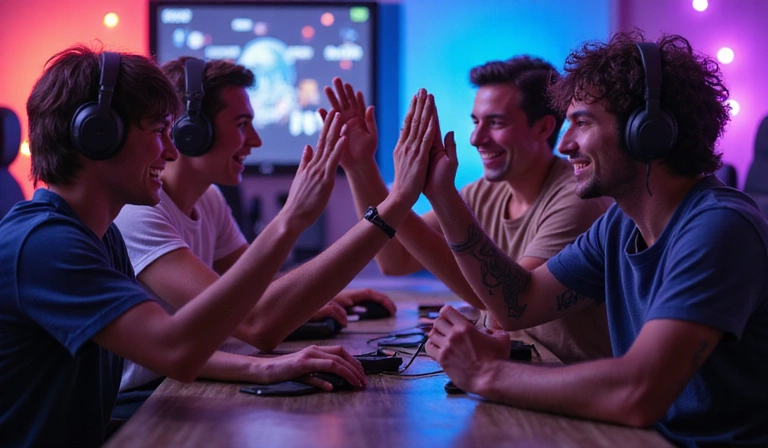 Group of diverse gamers playing together