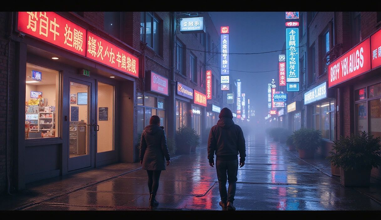 Cyberpunk 2077 game key art showing V and Johnny Silverhand in Night City with neon lights.