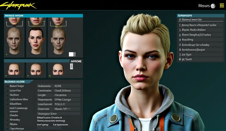Screenshot of a detailed character customization screen in Cyberpunk 2077.