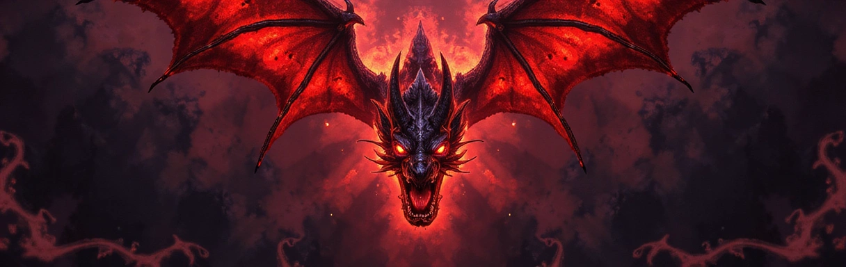Guild banner featuring a stylized crimson dragon against a dark, mystical background