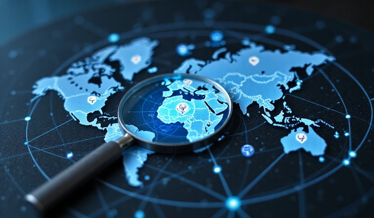 Stylized magnifying glass over a map, symbolizing guild search
