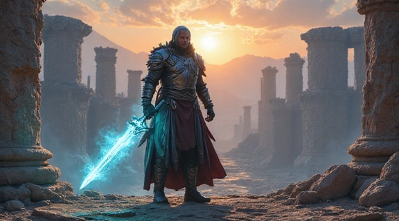 A stylized image of a player character holding a glowing sword, representing an advanced game guide.