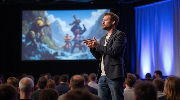 A candid shot of a game developer speaking enthusiastically at a conference, representing an interview.