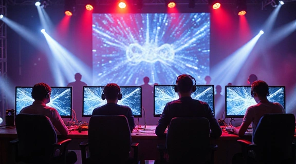 Professional esports players competing on stage with bright lights and a large screen displaying gameplay.