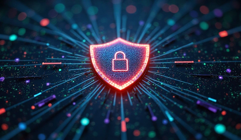 Cyber security shield icon with digital elements